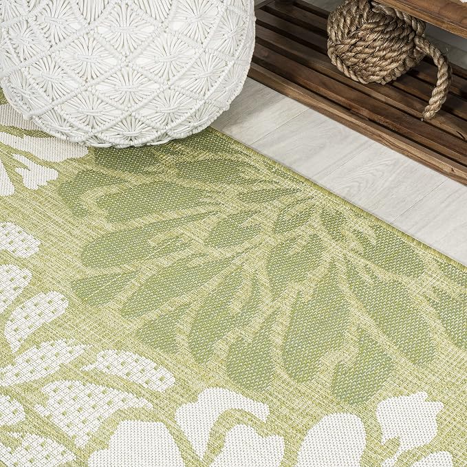 JONATHAN Y Floral Textured Weave Indoor Outdoor Square Area Rug 5X5 Green/Cream - Image 3