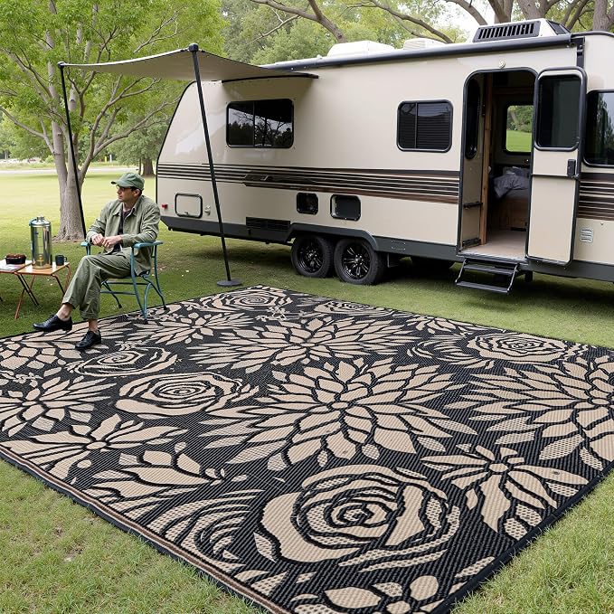 Outdoor Plastic Straw Rug Waterproof Patio 10x14 Black Brown Floral Mat - Image 2