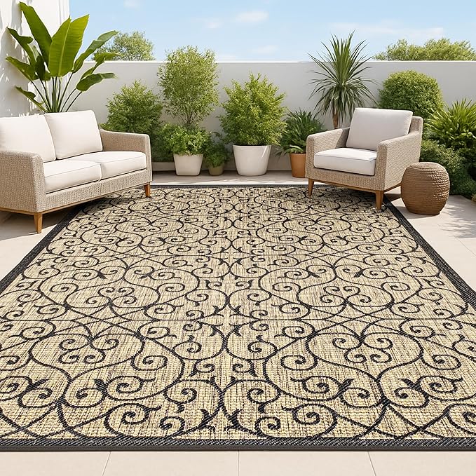 JONATHAN Y Vintage Filigree Indoor Outdoor Area Rug 5X8 Black/Khaki, Madrid by JONATHANY