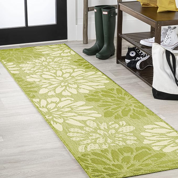 JONATHAN Y Floral Textured Weave Indoor Outdoor Runner Rug 2X10 Green/Cream by JONATHANY