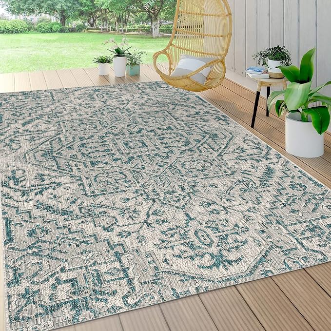 JONATHAN Y Boho Medallion Indoor Outdoor Area Rug 4X6 Teal/Gray, Estrella - Image 3