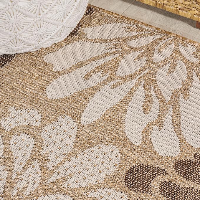 JONATHAN Y Floral Textured Weave Indoor Outdoor Round Area Rug 3 Ft Brown/Cream - Image 6