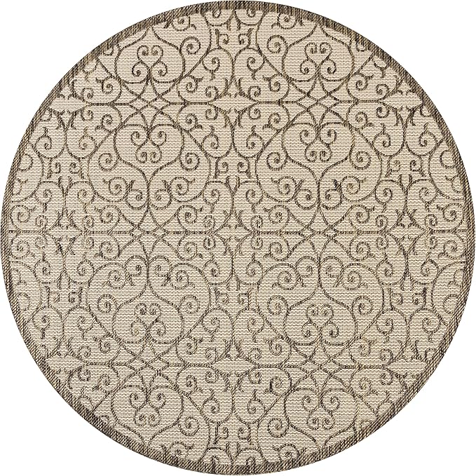 JONATHAN Y Vintage Filigree Indoor Outdoor Round Area Rug 9 Ft Beige/Brown - Image 9