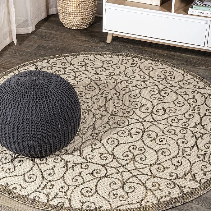 JONATHAN Y Vintage Filigree Indoor Outdoor Round Area Rug 5 Ft Beige/Brown by JONATHANY