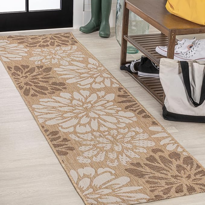 JONATHAN Y Floral Textured Weave Indoor Outdoor Runner Rug 2X8 Brown/Cream by JONATHANY
