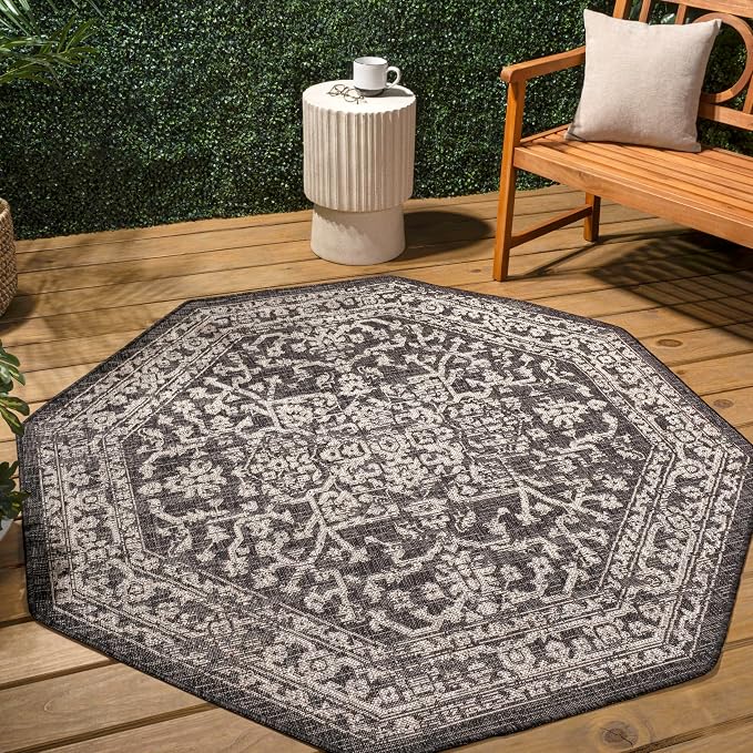 JONATHAN Y Boho Medallion Indoor Outdoor Octagon Area Rug 5 Ft Black/Gray - Image 3