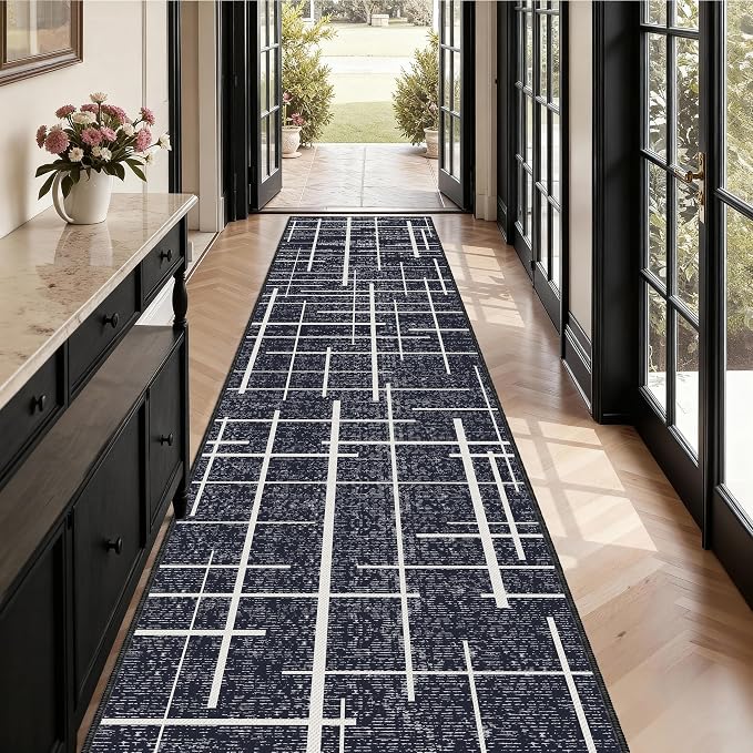 Non Slip Hallway Runner Rug 2.6x12, Modern Distressed Stripe, Washable Extra - Image 2