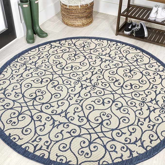 JONATHAN Y Vintage Filigree Indoor Outdoor Round Area Rug 5 Ft Navy/Beige by JONATHANY
