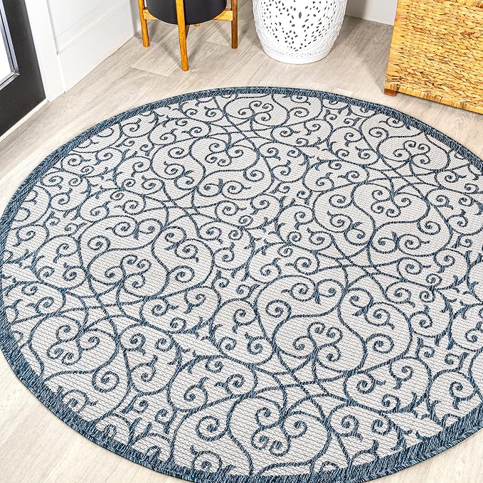 JONATHAN Y Vintage Filigree Indoor Outdoor Round Area Rug 5 Ft Blue/Cream by JONATHANY