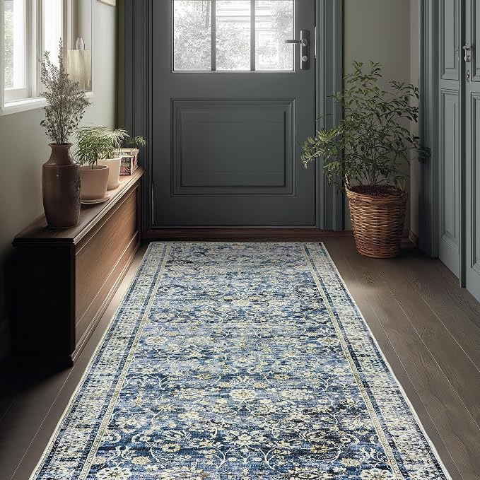 Blue 2x6 Runner Rug for Hallway Low Pile Kitchen Rugs Non Slip Washable Vintage by BILEEHOME
