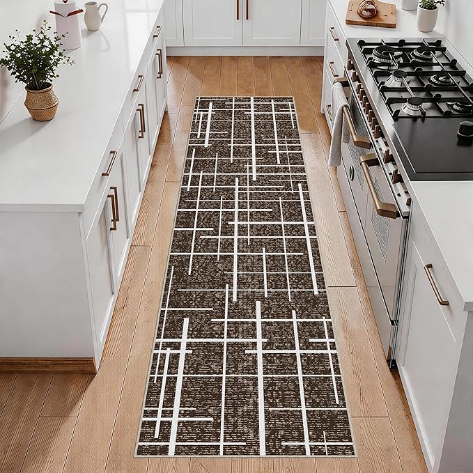 Non Slip Hallway Runner Rug 2x8, Modern Distressed Stripe, Washable Long Rug by TTelephant