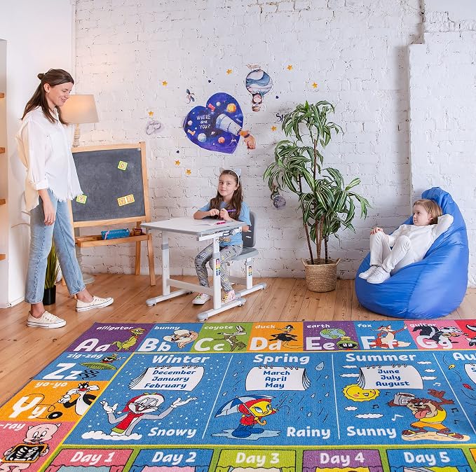 Looney Tunes Educational 5x7' Kids Rug – ABC Alphabet, Months & Days Learning by KCCubsKidsHomeandFurnishing