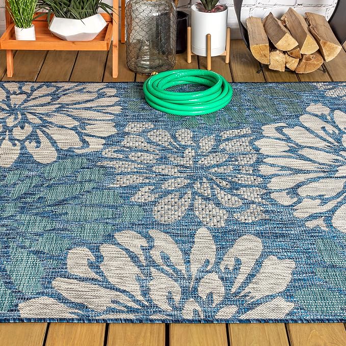JONATHAN Y Floral Textured Weave Indoor Outdoor Area Rug 5X8 Navy/Aqua - Image 10