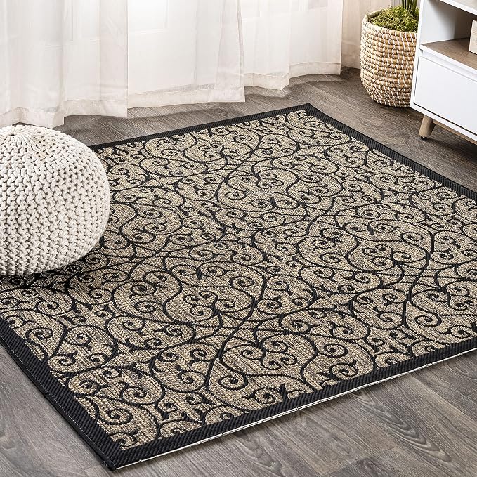 JONATHAN Y Vintage Filigree Indoor Outdoor Square Area Rug 4X4 Black/Khaki by JONATHANY