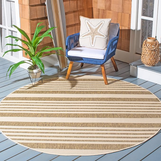 SAFAVIEH Courtyard Collection 4' Round Brown/Bone CY6062 Stripe Indoor/ Outdoor by Unknown