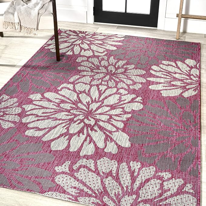 JONATHAN Y Floral Textured Weave Indoor Outdoor Area Rug 4X6 Fuchsia/Light Gray - Image 3
