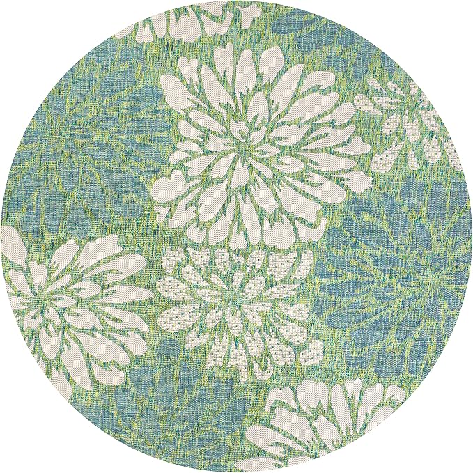 JONATHAN Y Floral Textured Weave Indoor Outdoor Round Area Rug 4 Ft Cream/Green - Image 8
