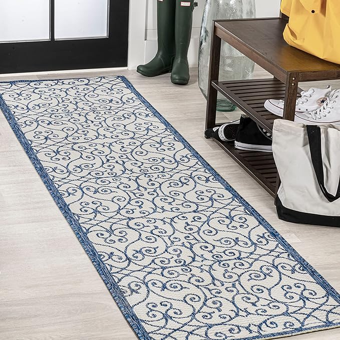 JONATHAN Y Vintage Filigree Indoor Outdoor Runner Rug 2X8 Blue/Cream, Madrid by JONATHANY