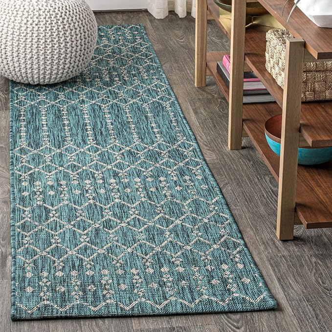 JONATHAN Y Moroccan Geometric Indoor Outdoor Runner Rug 2X8 Teal/Gray, Ourika by JONATHANY