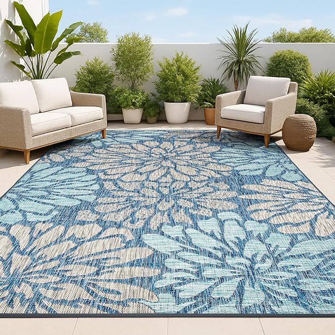 JONATHAN Y Floral Textured Weave Indoor Outdoor Area Rug 8X10 Navy/Aqua by JONATHANY