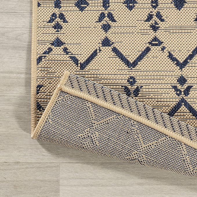 JONATHAN Y Moroccan Geometric Indoor Outdoor Round Area Rug 6 Ft Beige/Navy - Image 4