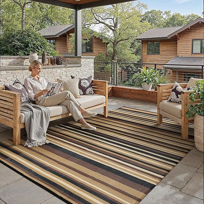 Outdoor Plastic Straw Rug Waterproof Patio 6x9 Brown Black Stripe Mat by WondRg