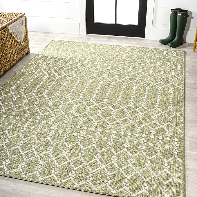 JONATHAN Y Moroccan Geometric Indoor Outdoor Area Rug 5X8 Light Green/Cream - Image 4