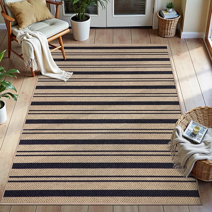 Tangsoo Stripe Easy Jute Rug, Ultra Thin 3x5 Washable Area Rug by Tangsoo