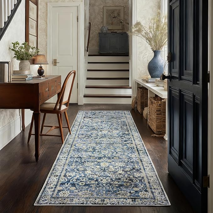 Blue 2x6 Runner Rug for Hallway Low Pile Kitchen Rugs Non Slip Washable Vintage - Image 2