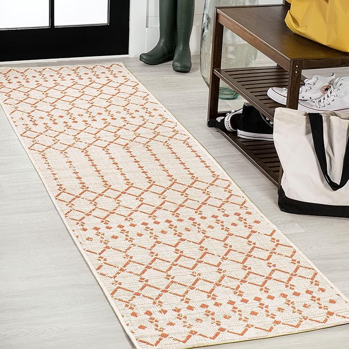 JONATHAN Y Moroccan Geometric Indoor Outdoor Runner Rug 2X8 Cream/Orange by JONATHANY