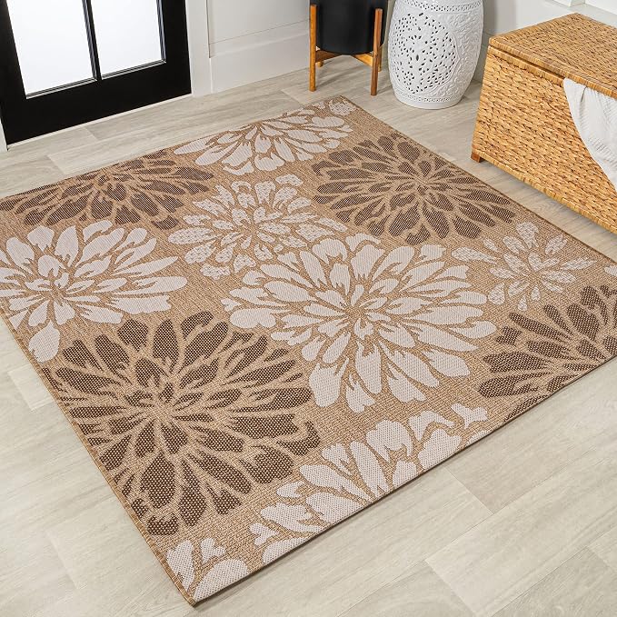 JONATHAN Y Floral Textured Weave Indoor Outdoor Square Area Rug 4X4 Brown/Cream by JONATHANY