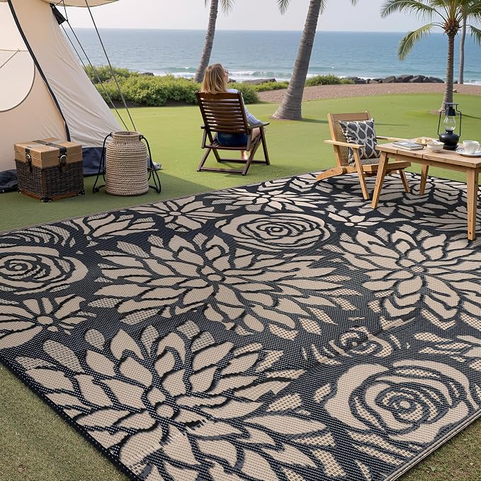 Outdoor Plastic Straw Rug Waterproof Patio 9x12 Black Brown Floral Mat - Image 4
