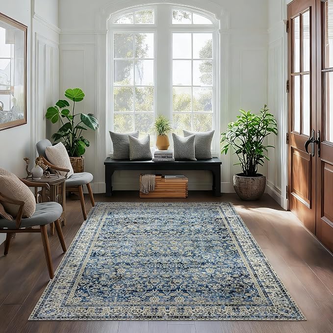 Machine Washable Area Rugs 4x6 Blue Low Pile Soft Carpet - Image 2