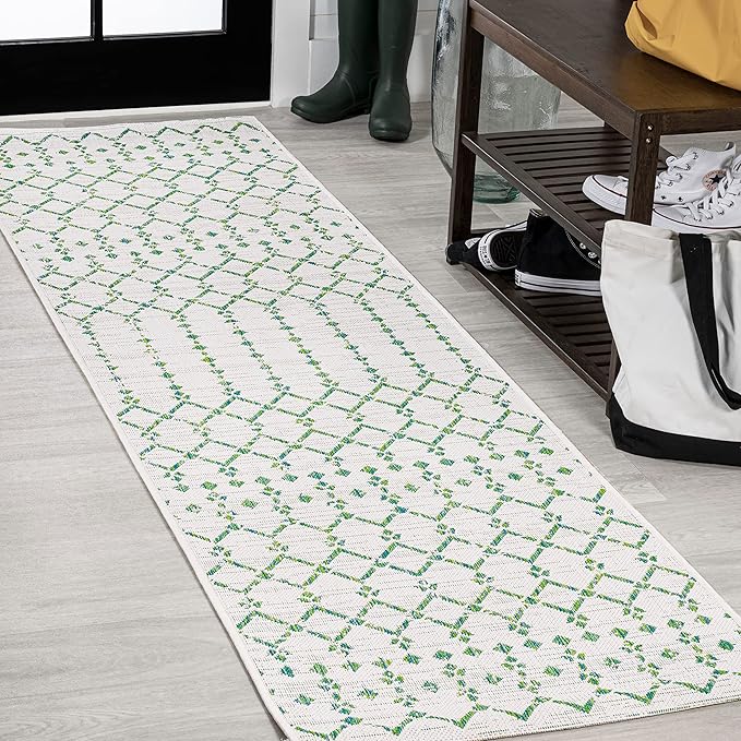 JONATHAN Y Moroccan Geometric Indoor Outdoor Runner Rug 2X10 Green/Ivory by JONATHANY