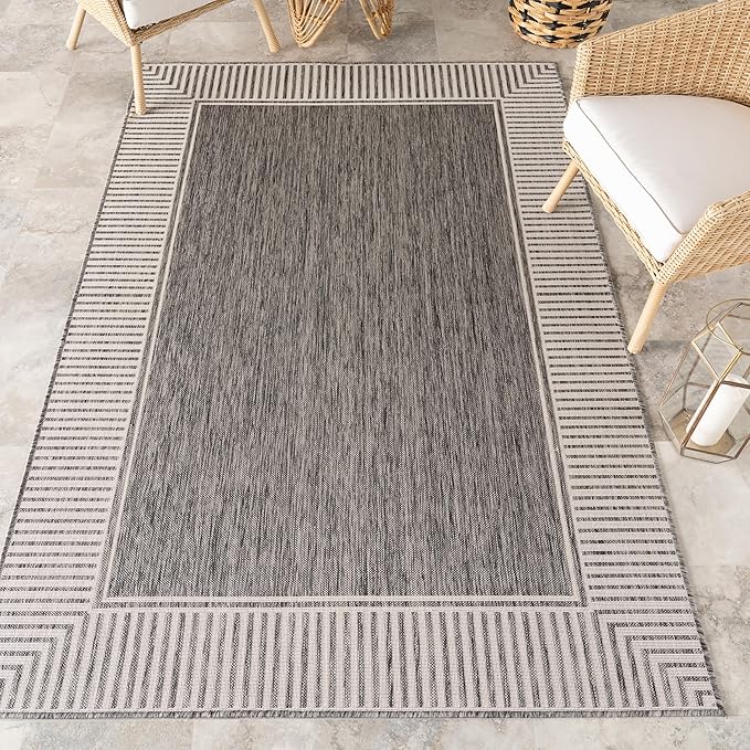 Nuloom Asha Grey/Ivory, Striped Border, Soft and Cozy, High Traffic, Easy Clean by nuLOOM