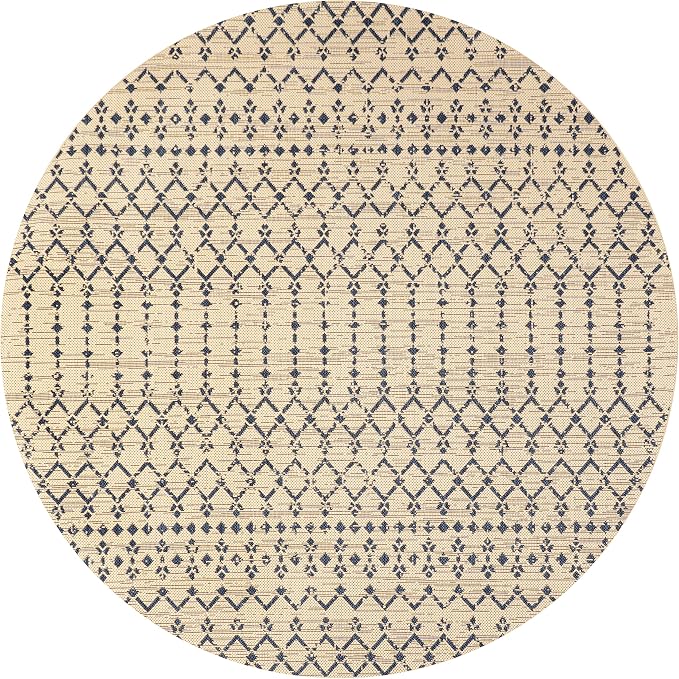 JONATHAN Y Moroccan Geometric Indoor Outdoor Round Area Rug 9 Ft Beige/Navy - Image 8
