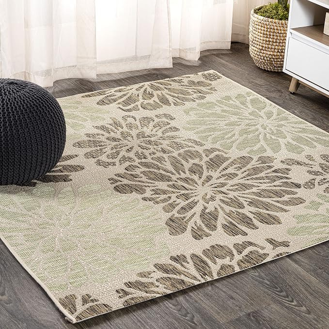 JONATHAN Y Floral Textured Weave Indoor Outdoor Square Area Rug 9X9 Sage/Brown by JONATHANY