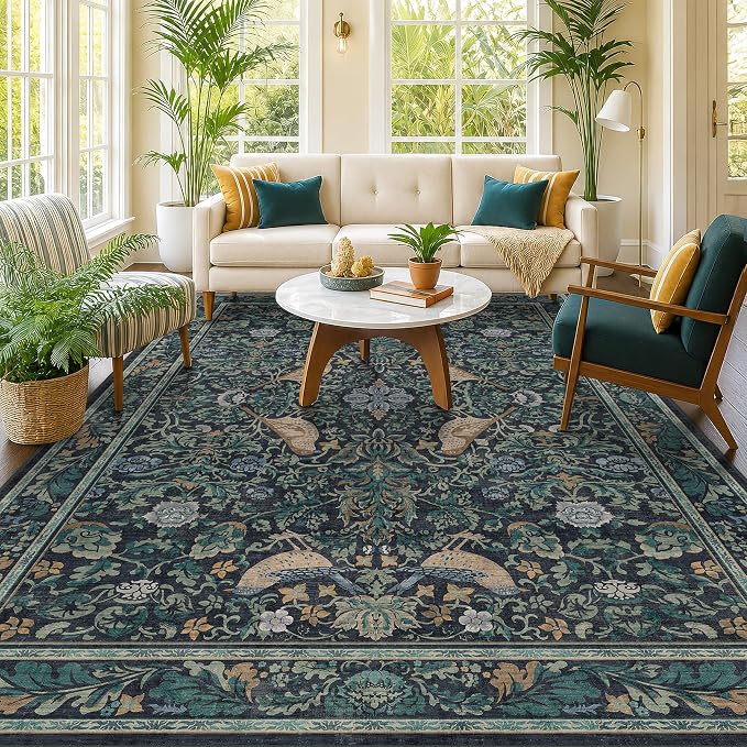Boho Living Room Rug, 7x10 Floral & Bird Pattern Area Rug by HazoHaus