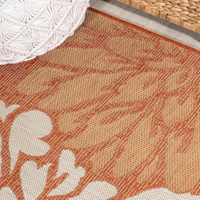 JONATHAN Y Floral Textured Weave Indoor Outdoor Round Area Rug 5 Ft Orange/Cream - Image 3