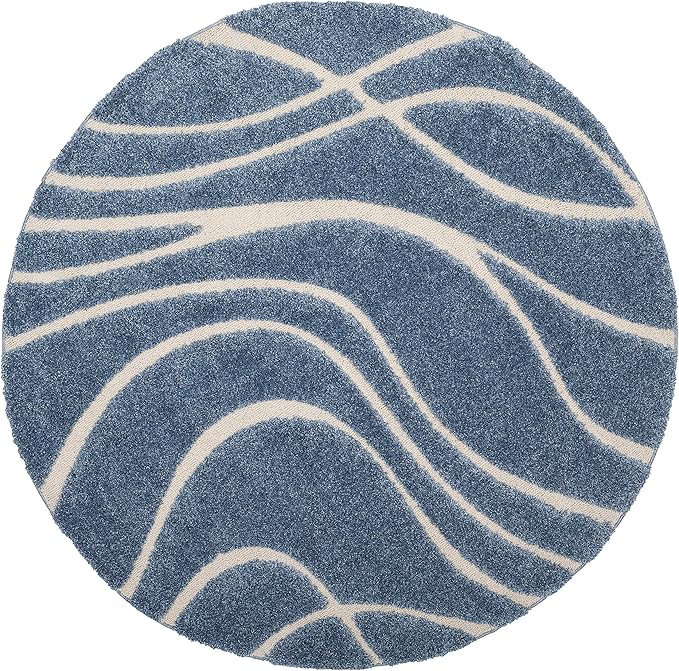 SAFAVIEH Florida Shag Collection 5' Round Light Blue/Cream SG471 Abstract Wave - Image 3