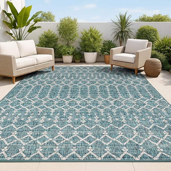JONATHAN Y Moroccan Geometric Indoor Outdoor Area Rug 8X10 Teal/Gray, Ourika by JONATHANY