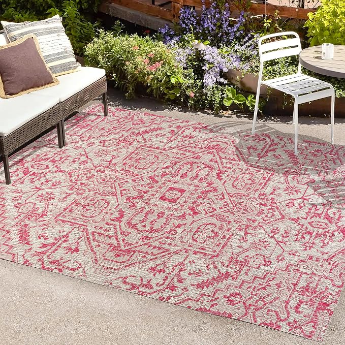 JONATHAN Y Boho Medallion Indoor Outdoor Area Rug 4X6 Light Gray/Fuchsia - Image 3