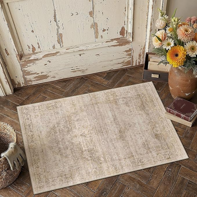 2x3 Washable Neutral Area Rug Beige Vintage Entryway Kitchen Carpet Non-Slip by WondRg