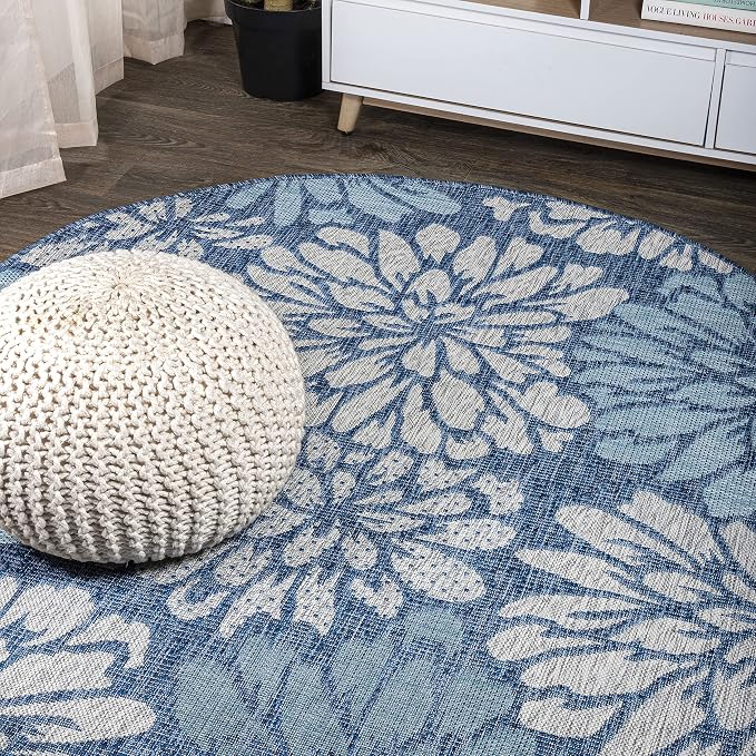 JONATHAN Y Floral Textured Weave Indoor Outdoor Round Area Rug 6 Ft Navy/Aqua by JONATHANY