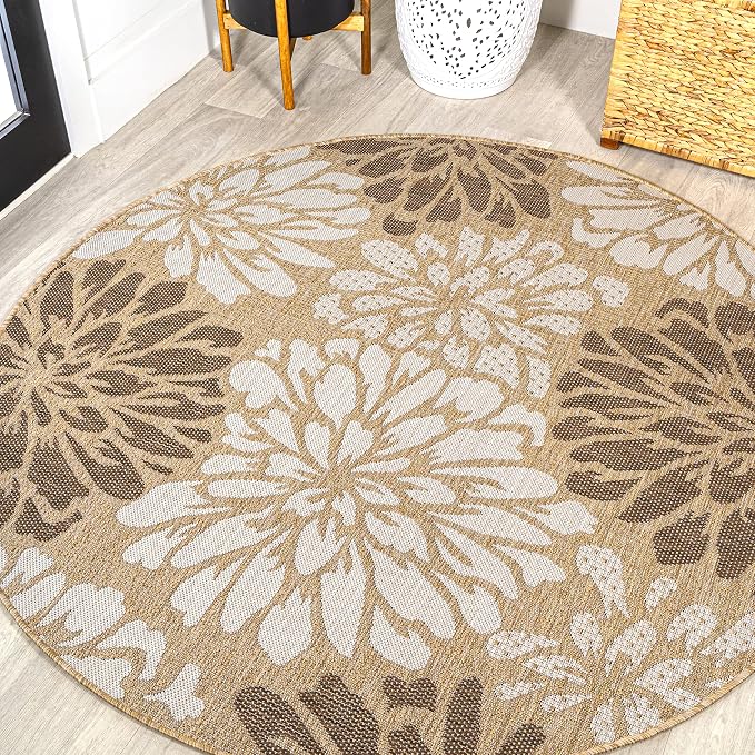 JONATHAN Y Floral Textured Weave Indoor Outdoor Round Area Rug 4 Ft Brown/Cream by JONATHANY