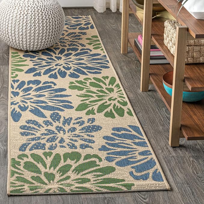 JONATHAN Y Floral Textured Weave Indoor Outdoor Runner Rug 2X20 Navy/Green by JONATHANY