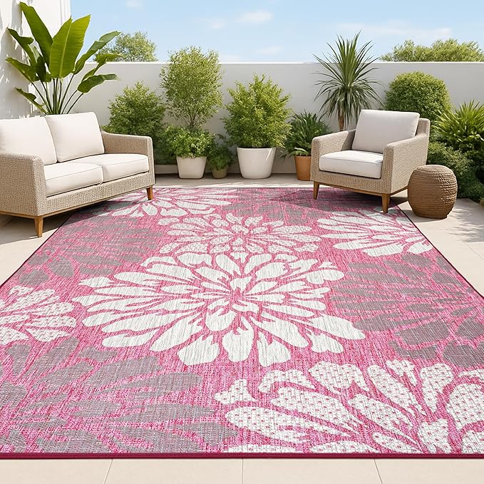 JONATHAN Y Floral Textured Weave Indoor Outdoor Area Rug 5X8 Fuchsia/Light Gray by JONATHANY