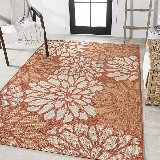 JONATHAN Y Floral Textured Weave Indoor Outdoor Area Rug 4X6 Orange/Cream - Image 3