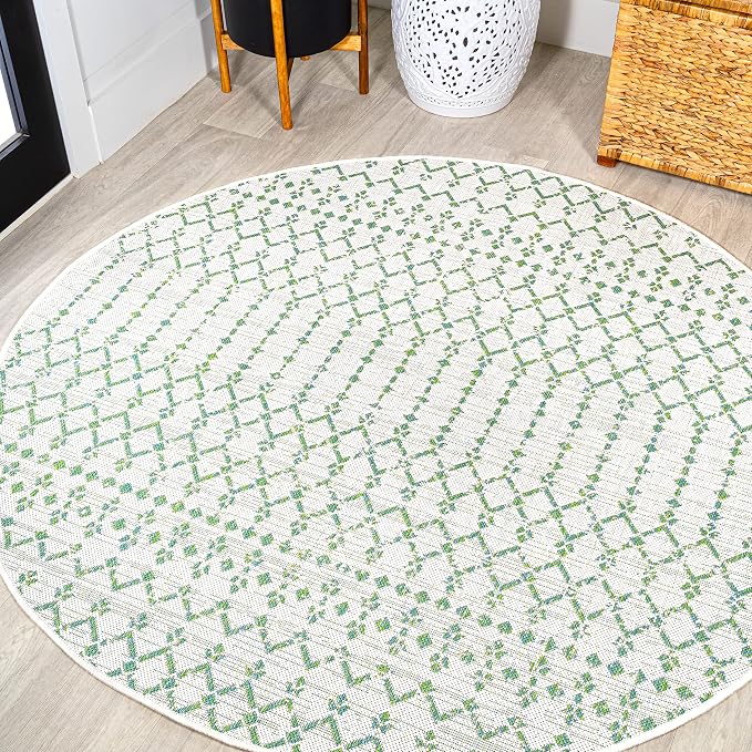 JONATHAN Y Moroccan Geometric Indoor Outdoor Round Area Rug 5 Ft Green/Ivory by JONATHANY