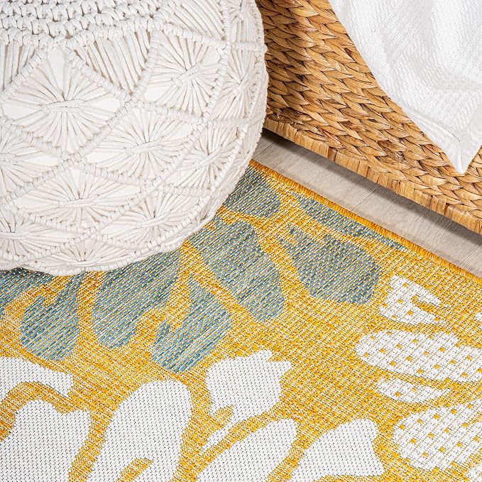 JONATHAN Y Floral Textured Weave Indoor Outdoor Runner Rug 2X10 Yellow/Cream - Image 3